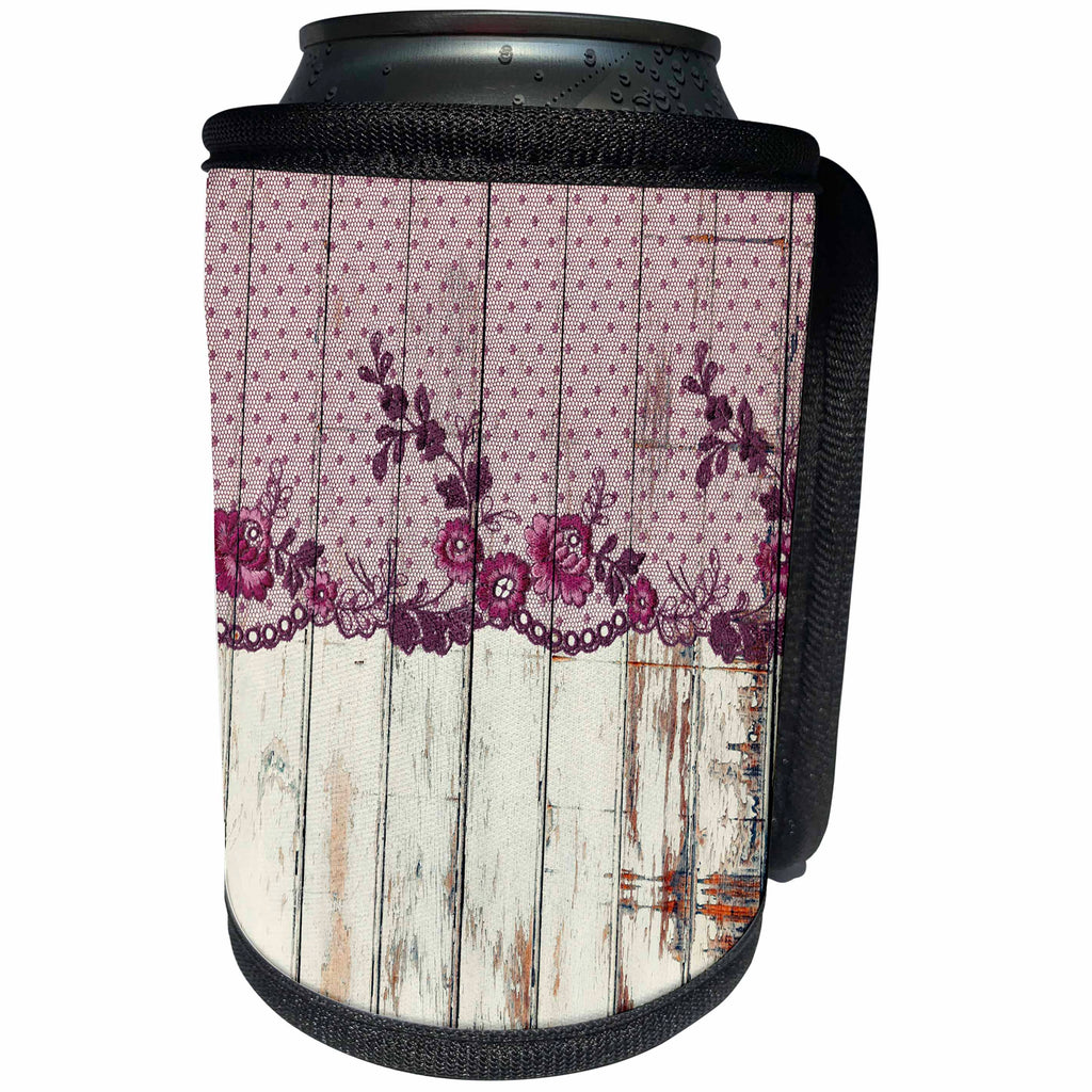3dRose Uta Naumann Vintage Lace Collection - Floral Burgundy Lace with Polka Dots On A Wooden Motif Background - Can Cooler Bottle Wrap (cc_263138)