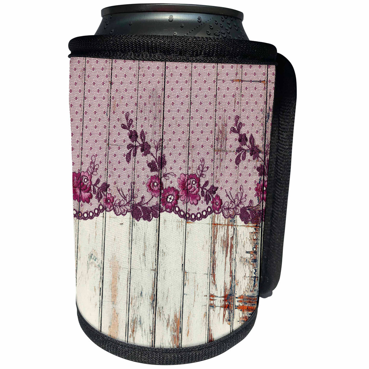 3dRose Uta Naumann Vintage Lace Collection - Floral Burgundy Lace with Polka Dots On A Wooden Motif Background - Can Cooler Bottle Wrap (cc_263138)
