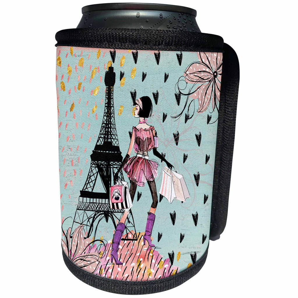 3dRose Uta Naumann Pattern - Paris Eiffel Tower and Trendy Girl With Shopping Bags Illustration - Can Cooler Bottle Wrap (cc_263140)