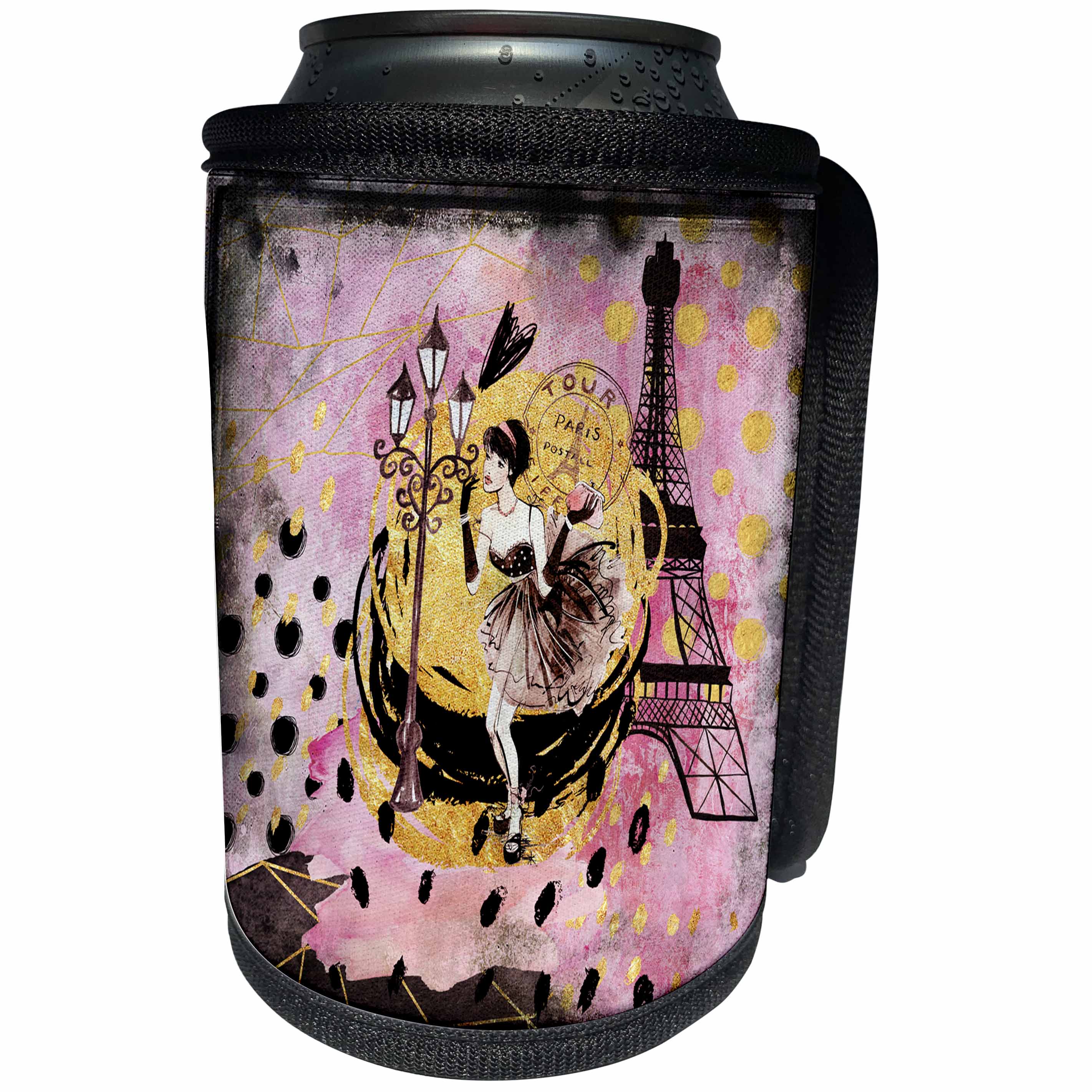 3dRose Uta Naumann Pattern - Paris Eiffel Tower and Elegant Shopping Girl Illustration - Can Cooler Bottle Wrap (cc_263141)