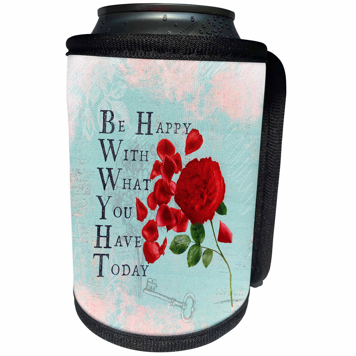3dRose Uta Naumann Watercolor Illustration Flowers - Inspirational Quote On A Pastel Mint Background With A Red Rose - Can Cooler Bottle Wrap (cc_263146)