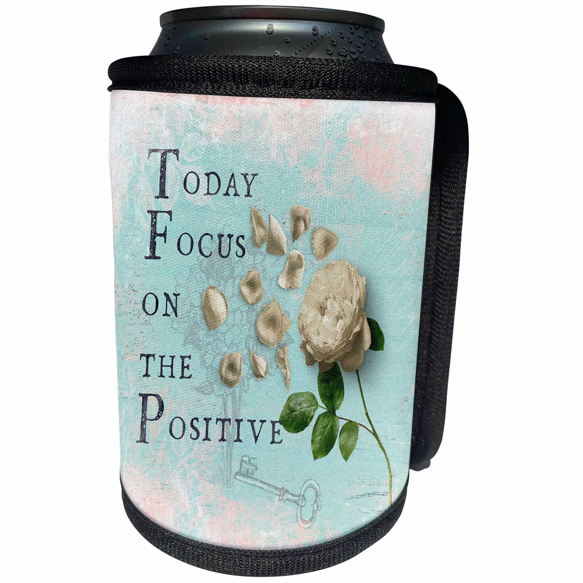 3dRose Uta Naumann Watercolor Illustration Flowers - Inspirational Quote On A Pastel Mint Background With A White Rose - Can Cooler Bottle Wrap (cc_263153)