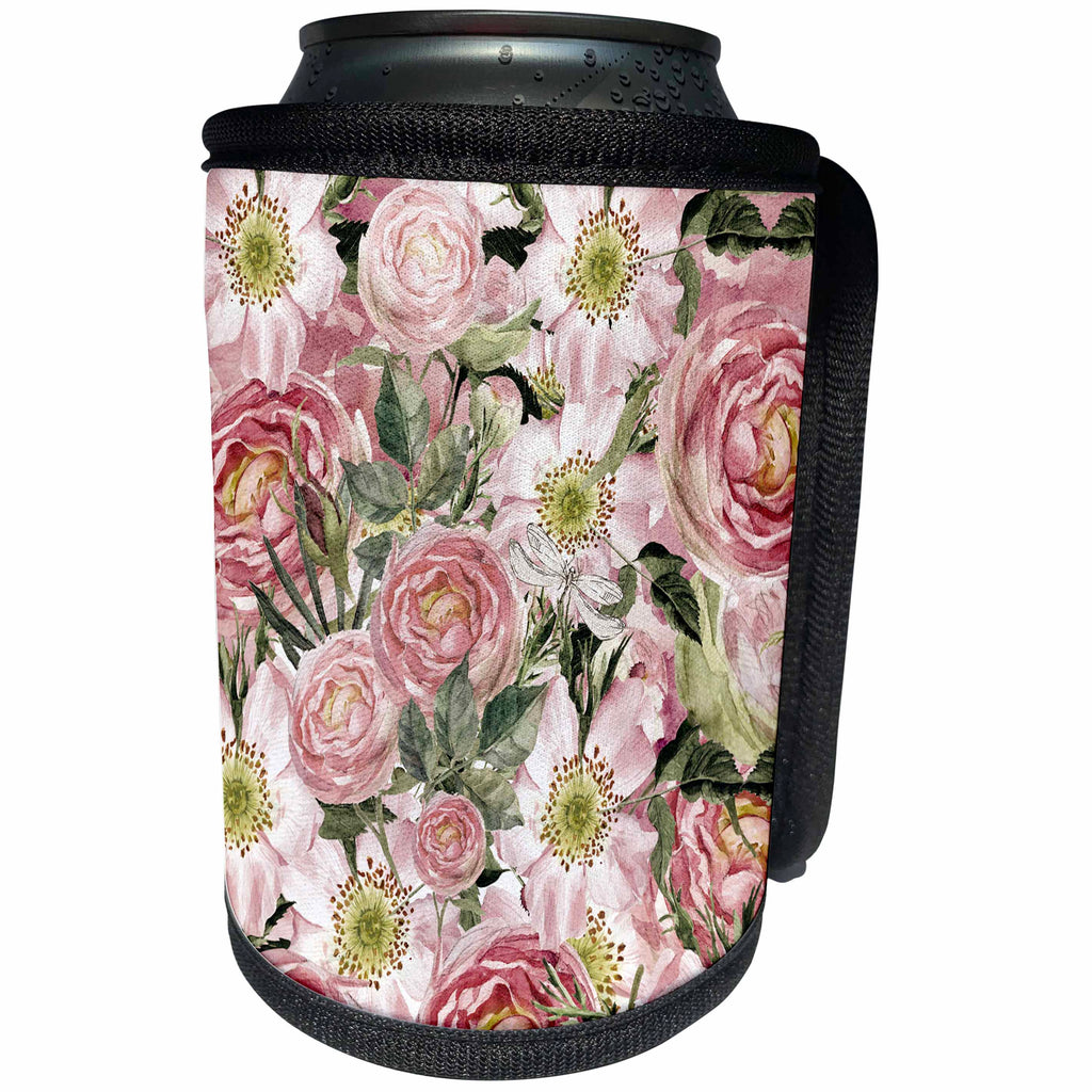 3dRose Uta Naumann Watercolor Illustration Flowers - Pink Flower Blossom Floral Watercolor Pattern - Can Cooler Bottle Wrap (cc_263156)