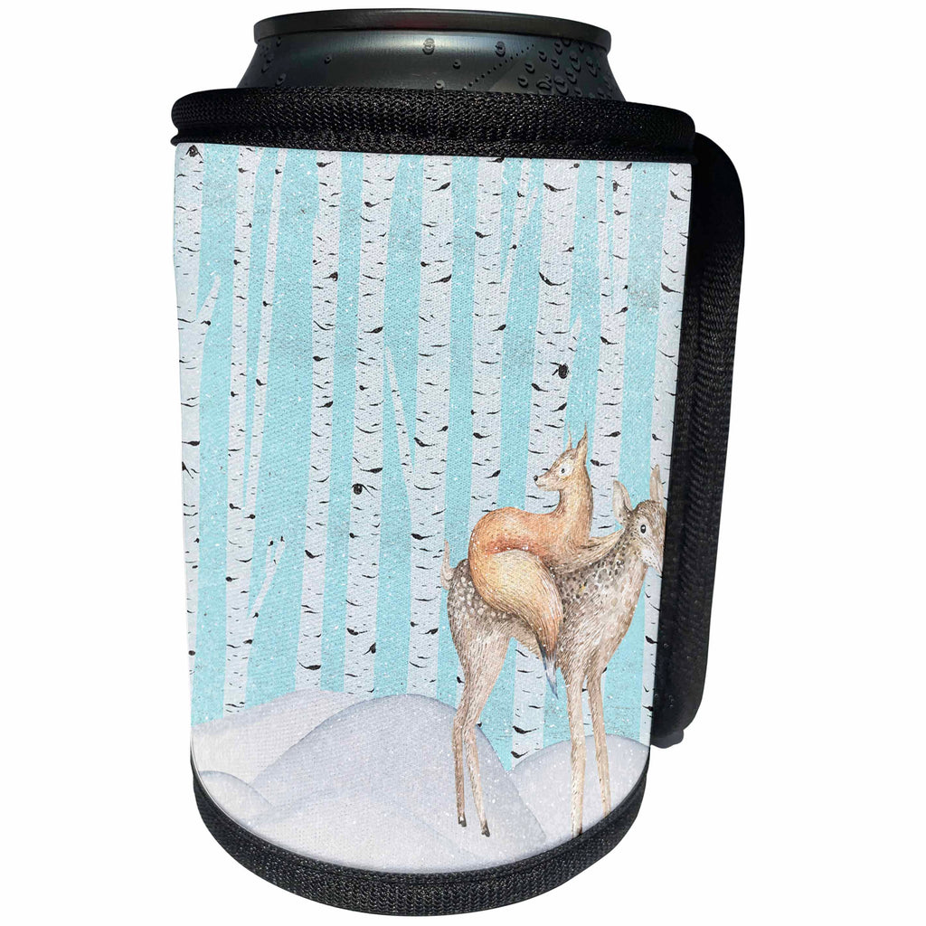 3dRose Uta Naumann Watercolor Illustration Animal - Woodland Friends-Deer and Fox In The Snowy Winter Woods -Illustration - Can Cooler Bottle Wrap (cc_263164)