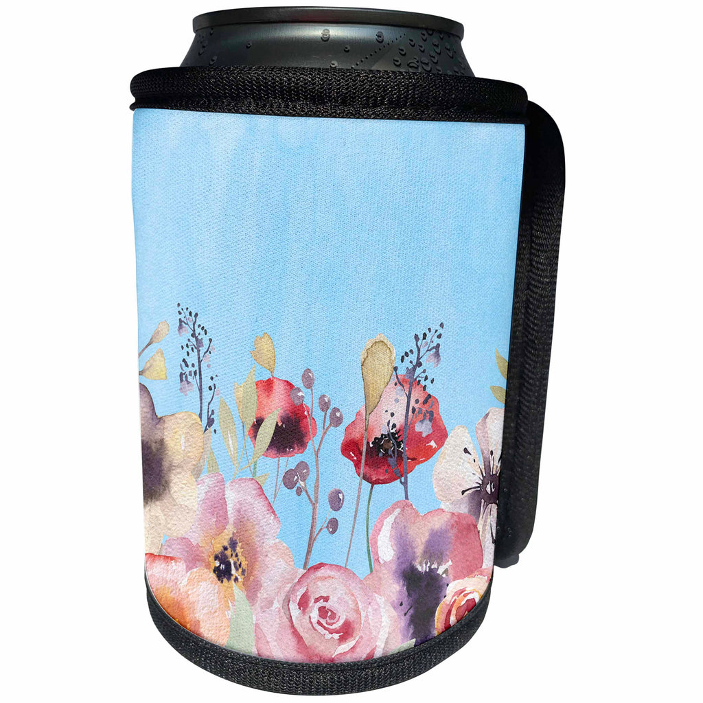 3dRose Uta Naumann Watercolor Illustration Flowers - Romantic Summer Flowers Watercolor Pattern On A Blue Background - Can Cooler Bottle Wrap (cc_263168)