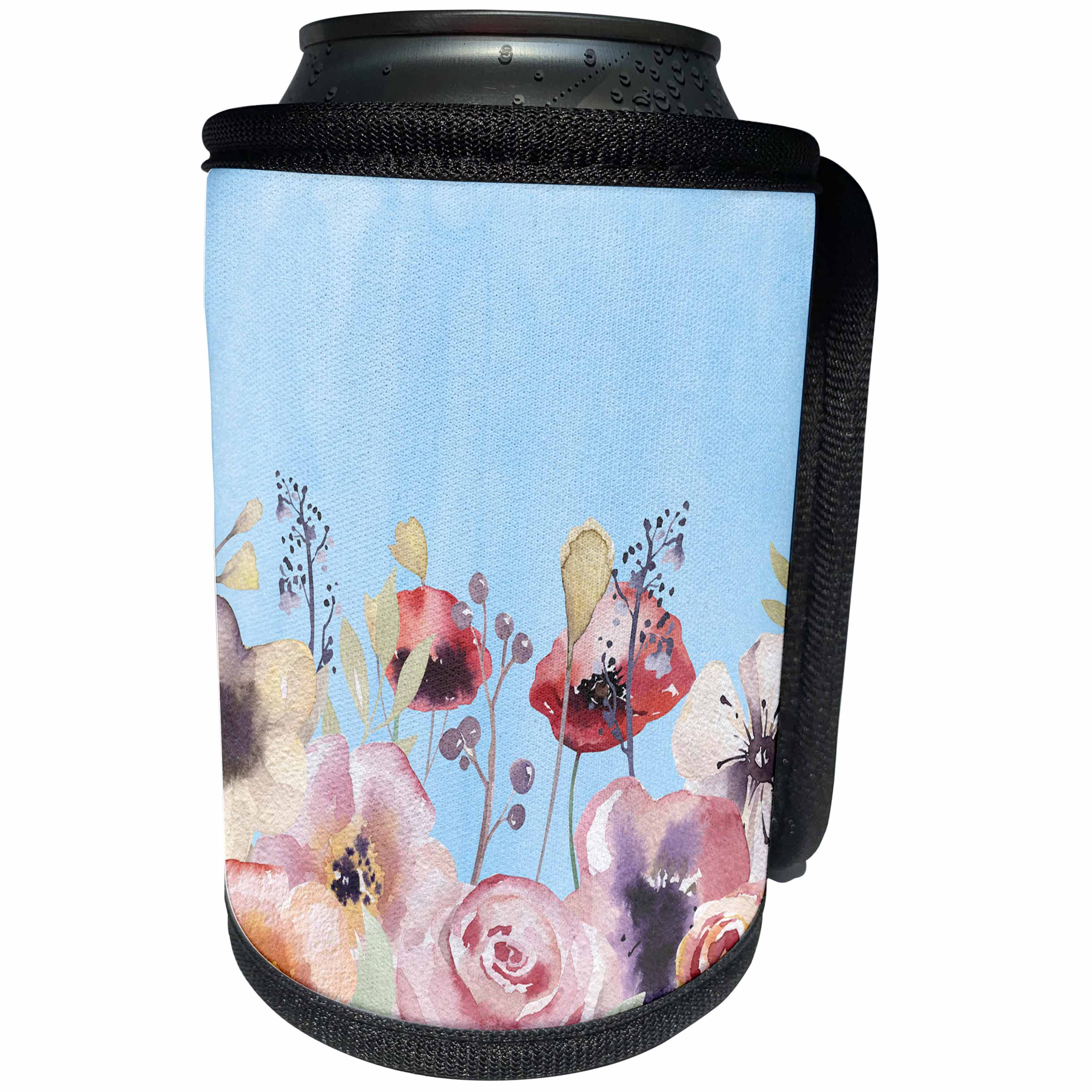 3dRose Uta Naumann Watercolor Illustration Flowers - Romantic Summer Flowers Watercolor Pattern On A Blue Background - Can Cooler Bottle Wrap (cc_263168)