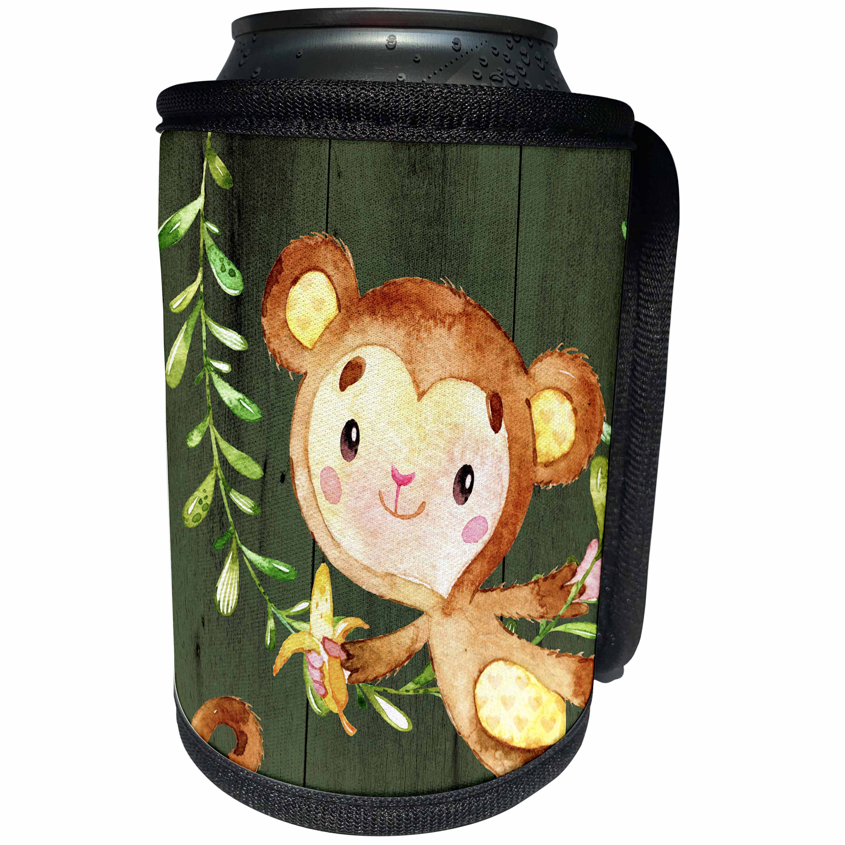 3dRose Uta Naumann Watercolor Illustration Animal - Cute Monkey With Banana Watercolor Illustration - Can Cooler Bottle Wrap (cc_263169)
