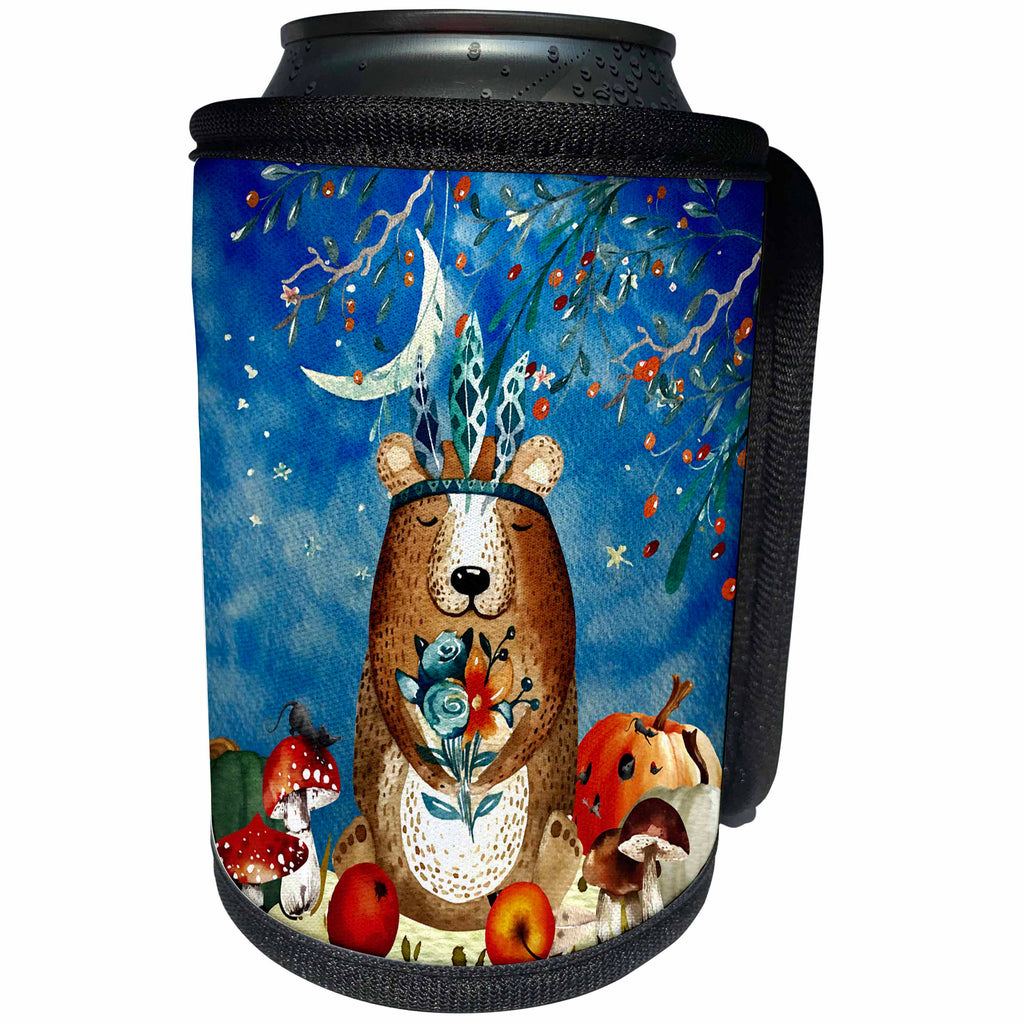 3dRose Uta Naumann Watercolor Illustration Animal - Woodland Friends-Bear With Indian Feathers In Autumn Illustration - Can Cooler Bottle Wrap (cc_263171)