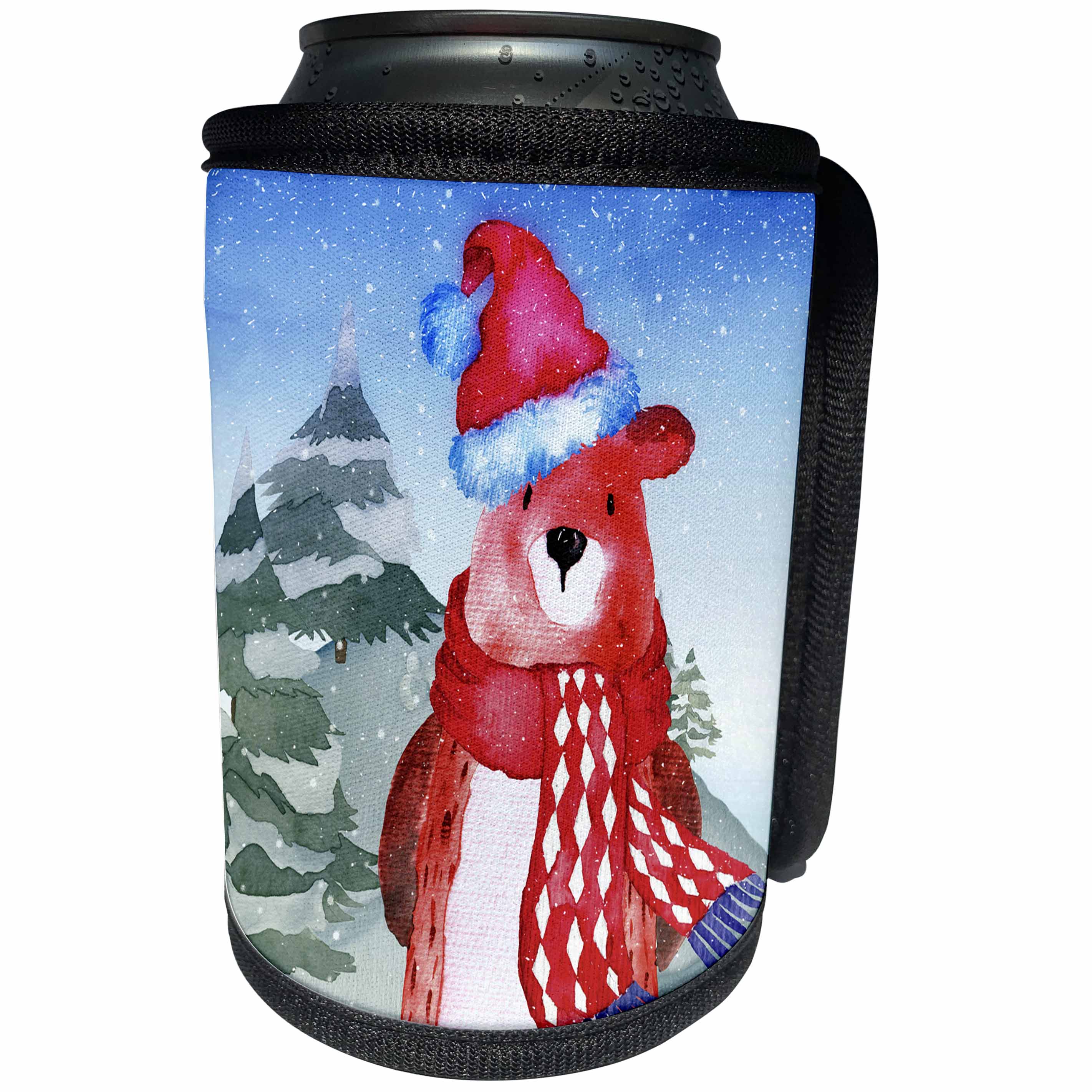 3dRose Uta Naumann Watercolor Illustration Animal - Woodland Friends-Cute Bear In the Winter Mountains - Can Cooler Bottle Wrap (cc_263172)