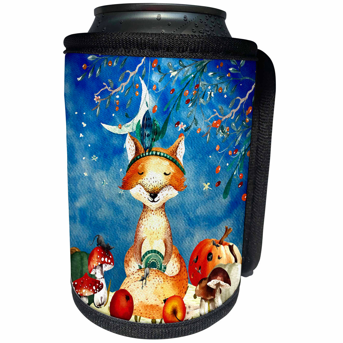 3dRose Uta Naumann Watercolor Illustration Animal - Woodland Friends-Fox With Indian Feathers In Autumn Illustration - Can Cooler Bottle Wrap (cc_263174)