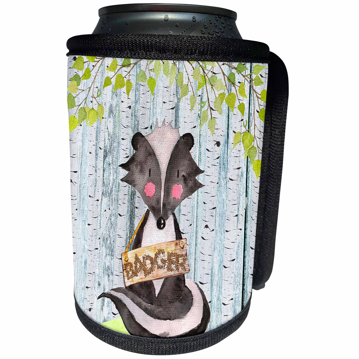 3dRose Uta Naumann Watercolor Illustration Animal - Woodland Friends- Badger in Spring Holding A Name Board - Can Cooler Bottle Wrap (cc_263184)