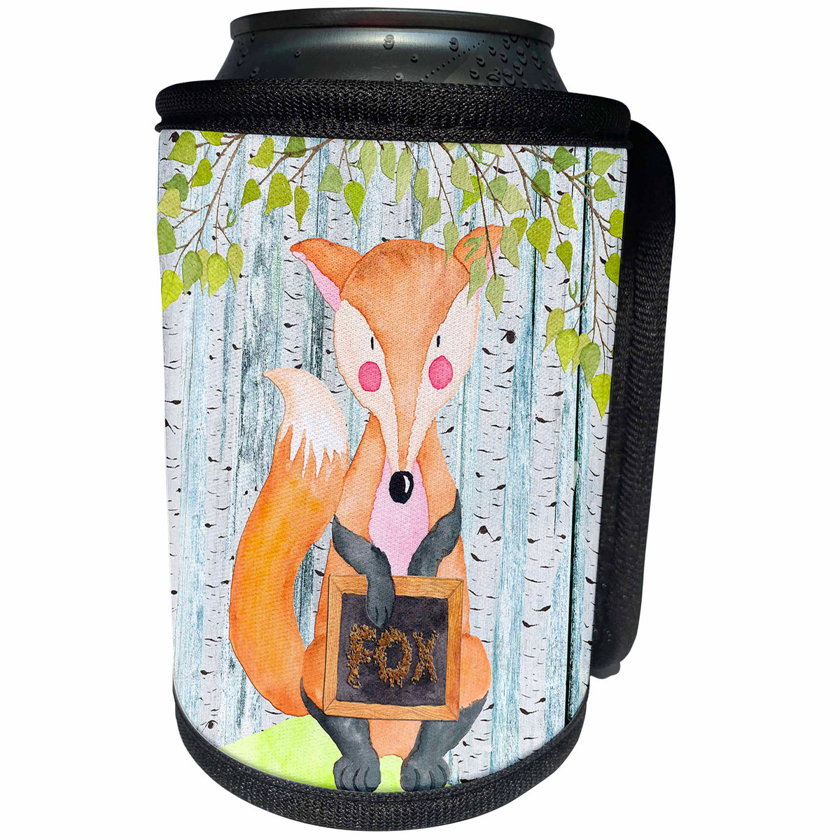 3dRose Uta Naumann Watercolor Illustration Animal - Woodland Friends- Fox in Spring Holding A Name Board - Can Cooler Bottle Wrap (cc_263188)
