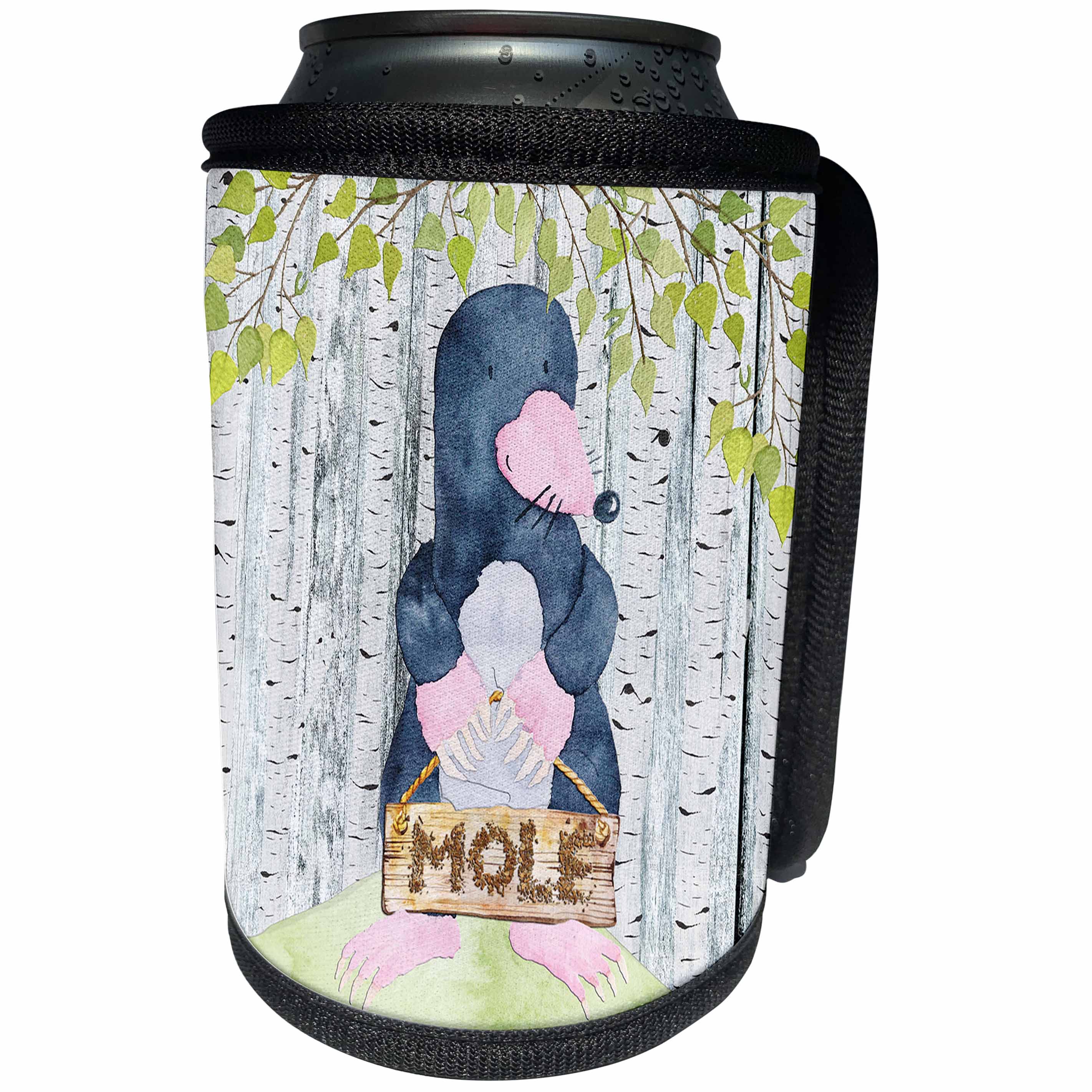 3dRose Uta Naumann Watercolor Illustration Animal - Woodland Friends- Black Mole in Spring Holding A Name Board - Can Cooler Bottle Wrap (cc_263189)