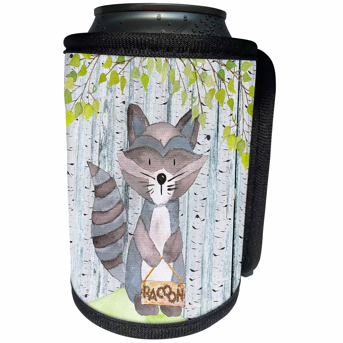 3dRose Uta Naumann Watercolor Illustration Animal - Watercolor Illustration Raccoon in Spring Holding A Name Board - Can Cooler Bottle Wrap (cc_263192)