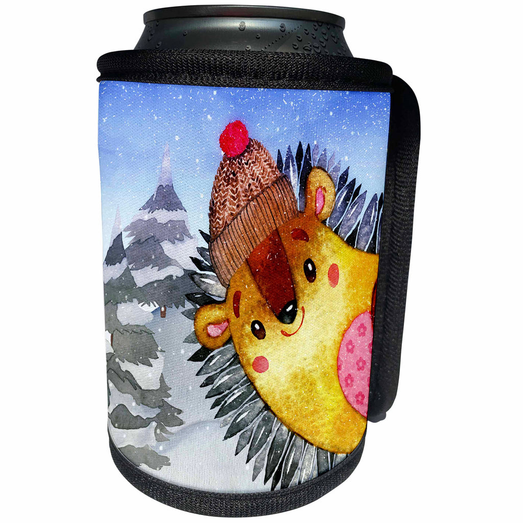 3dRose Uta Naumann Watercolor Illustration Animal - Woodland Friends-Cute Hedgehog In the Winter Mountains - Can Cooler Bottle Wrap (cc_263195)