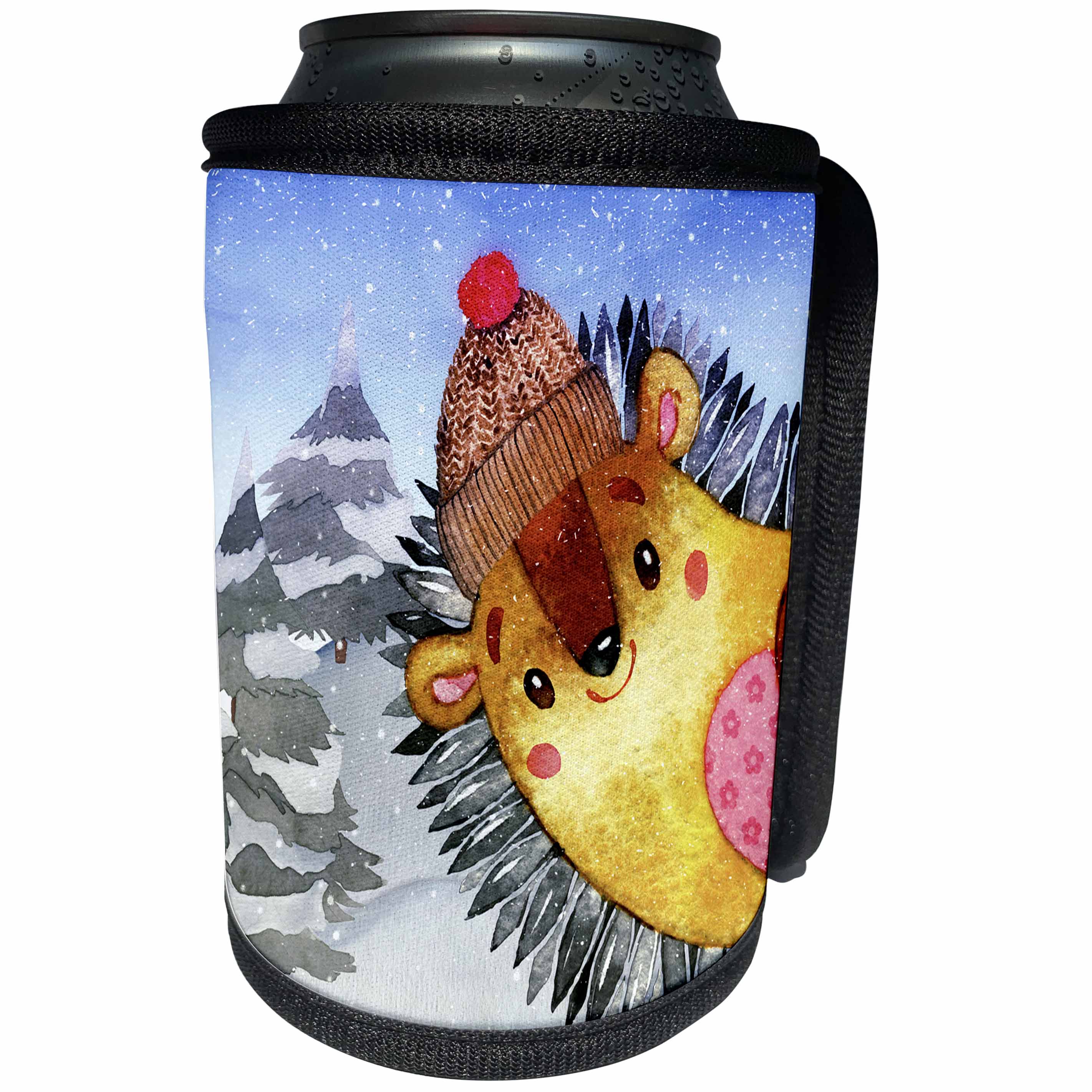 3dRose Uta Naumann Watercolor Illustration Animal - Woodland Friends-Cute Hedgehog In the Winter Mountains - Can Cooler Bottle Wrap (cc_263195)