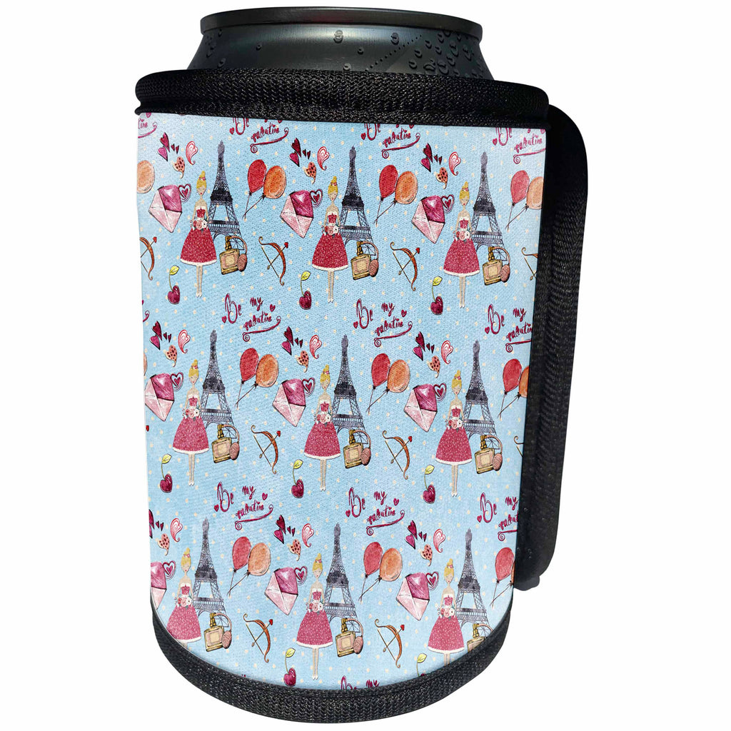 3dRose Uta Naumann Watercolor Pattern - Paris with Eiffel Tower and Balloons for Girlies On A Blue Background - Can Cooler Bottle Wrap (cc_263200)