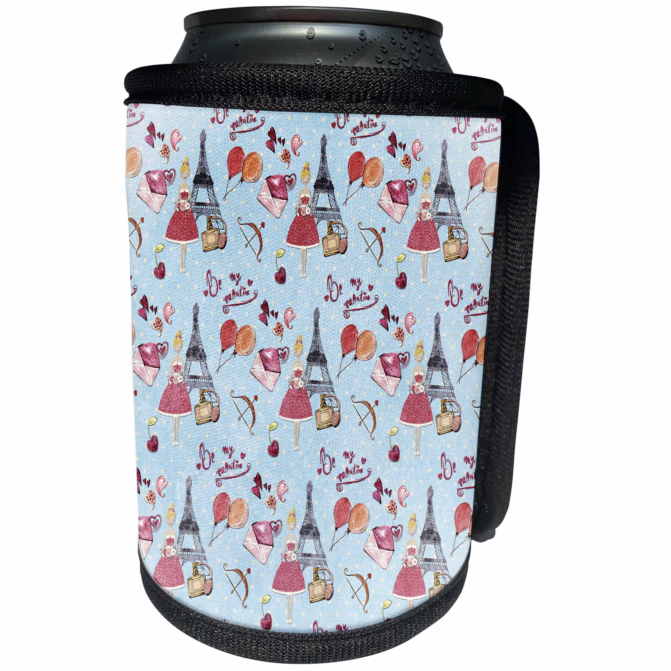 3dRose Uta Naumann Watercolor Pattern - Paris with Eiffel Tower and Balloons for Girlies On A Blue Background - Can Cooler Bottle Wrap (cc_263200)