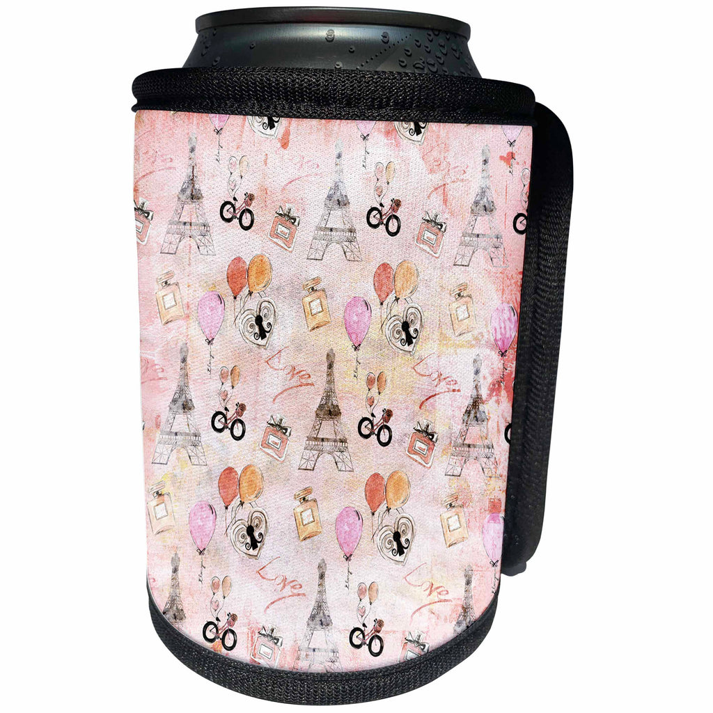 3dRose Uta Naumann Watercolor Pattern - Paris Eiffel Tower and Balloons for Girlies On A Soft Pink Background - Can Cooler Bottle Wrap (cc_263201)