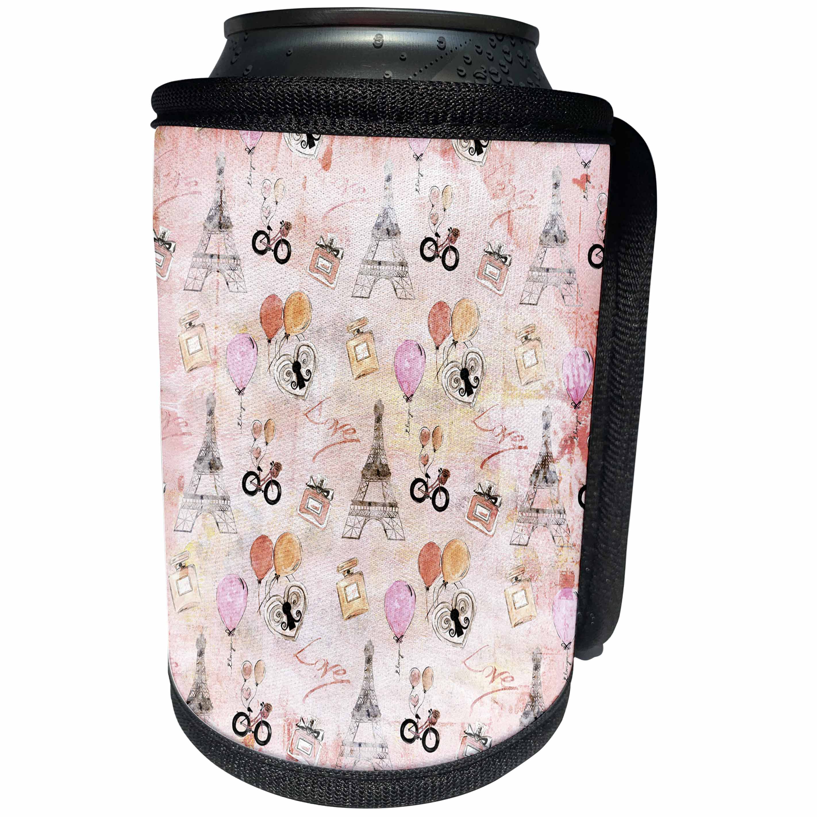 3dRose Uta Naumann Watercolor Pattern - Paris Eiffel Tower and Balloons for Girlies On A Soft Pink Background - Can Cooler Bottle Wrap (cc_263201)