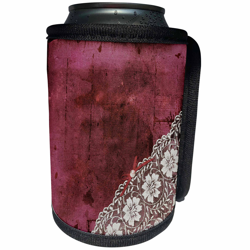 3dRose Uta Naumann Vintage Lace Collection - White Floral Lace With Pearl On A Red Grunge Paper - Can Cooler Bottle Wrap (cc_263207)