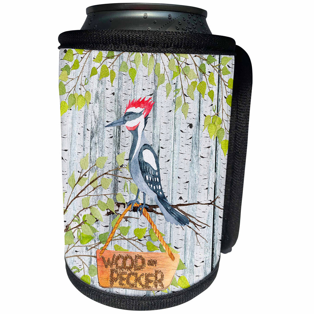 3dRose Uta Naumann Watercolor Illustration Animal - Watercolor Illustration Wood Pecker Holding A Name Board - Can Cooler Bottle Wrap (cc_263209)