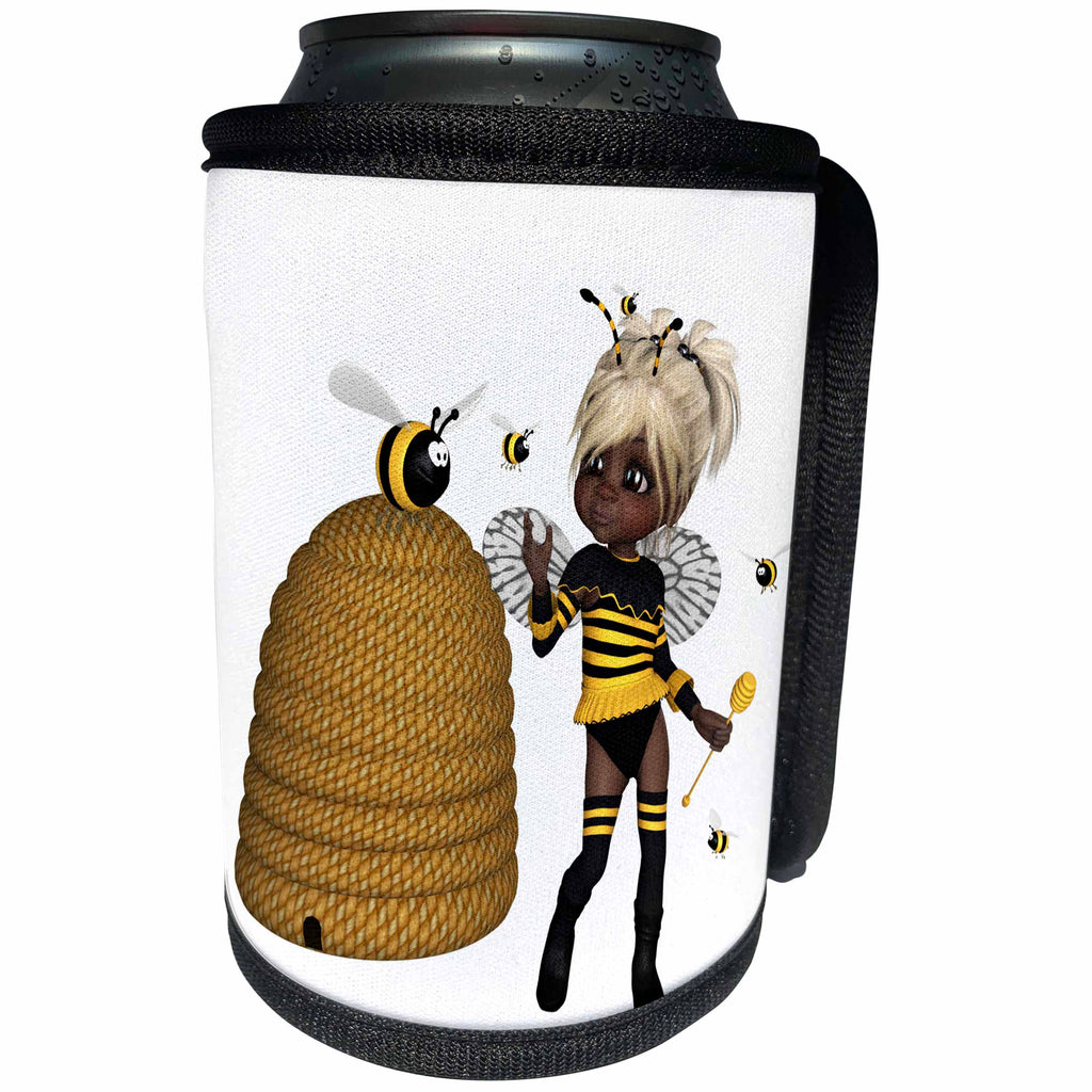 3dRose African American - African American Bumble Bee Fairy and Honey Pot Floral - Can Cooler Bottle Wrap (cc_263242)