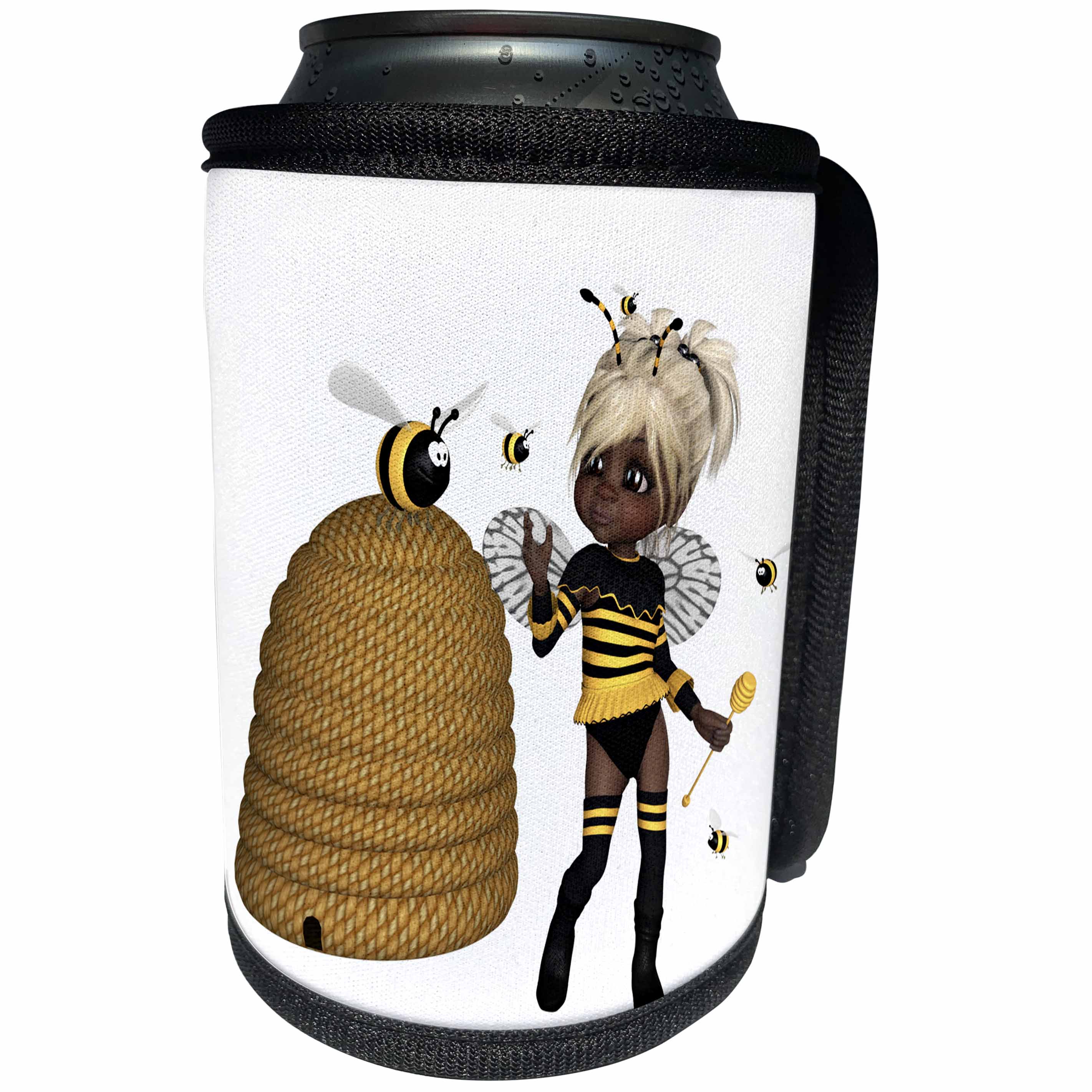 3dRose African American - African American Bumble Bee Fairy and Honey Pot Floral - Can Cooler Bottle Wrap (cc_263242)