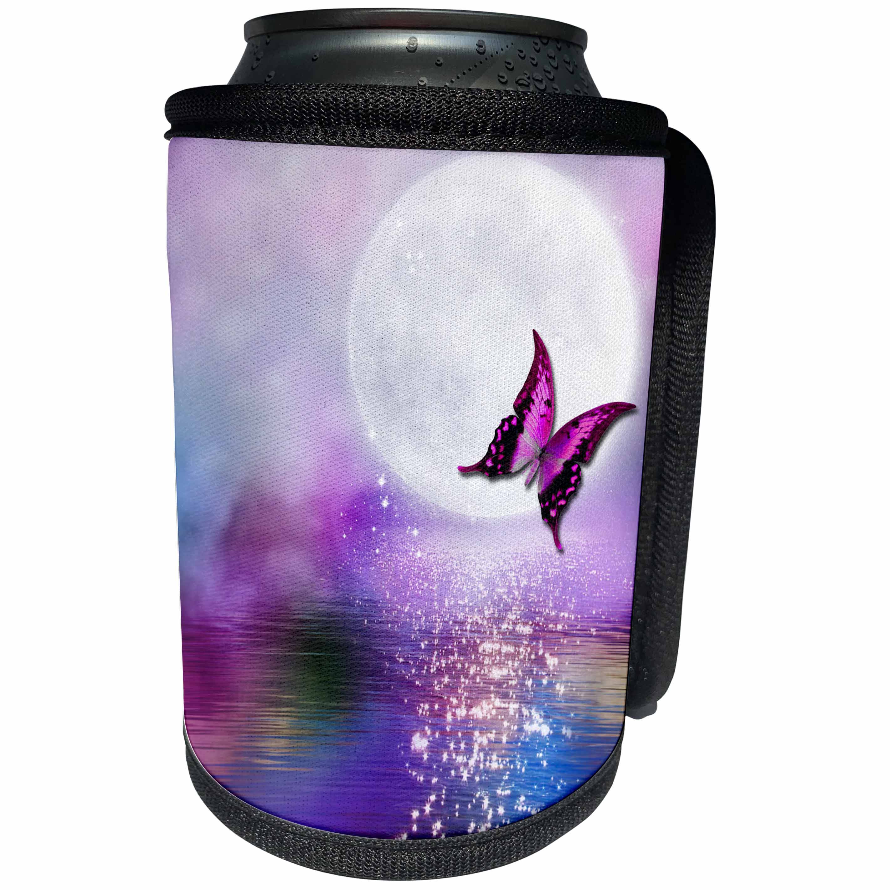 3dRose Fantasy - Purple lake in the moonlight with butterfly - Can Cooler Bottle Wrap (cc_263244)