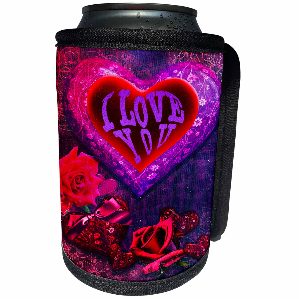 3dRose Love - I love You in a beautiful heart design with embellishments - Can Cooler Bottle Wrap (cc_263251)
