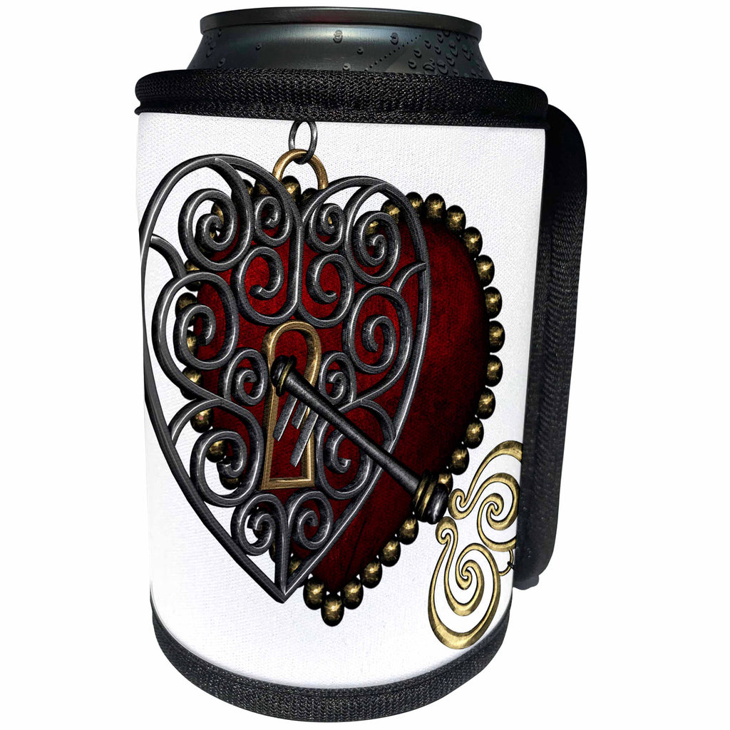 3dRose Love - Key to my heart art, pretty filigree heart with golden key - Can Cooler Bottle Wrap (cc_263252)