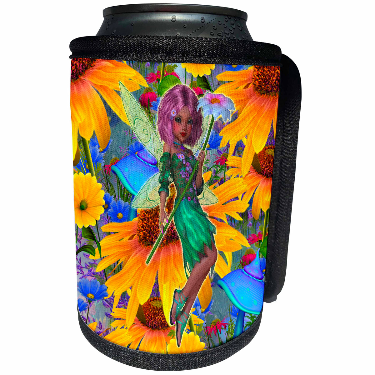 3dRose Fairies - Sunflower garden and magical winged fairy - Can Cooler Bottle Wrap (cc_263253)