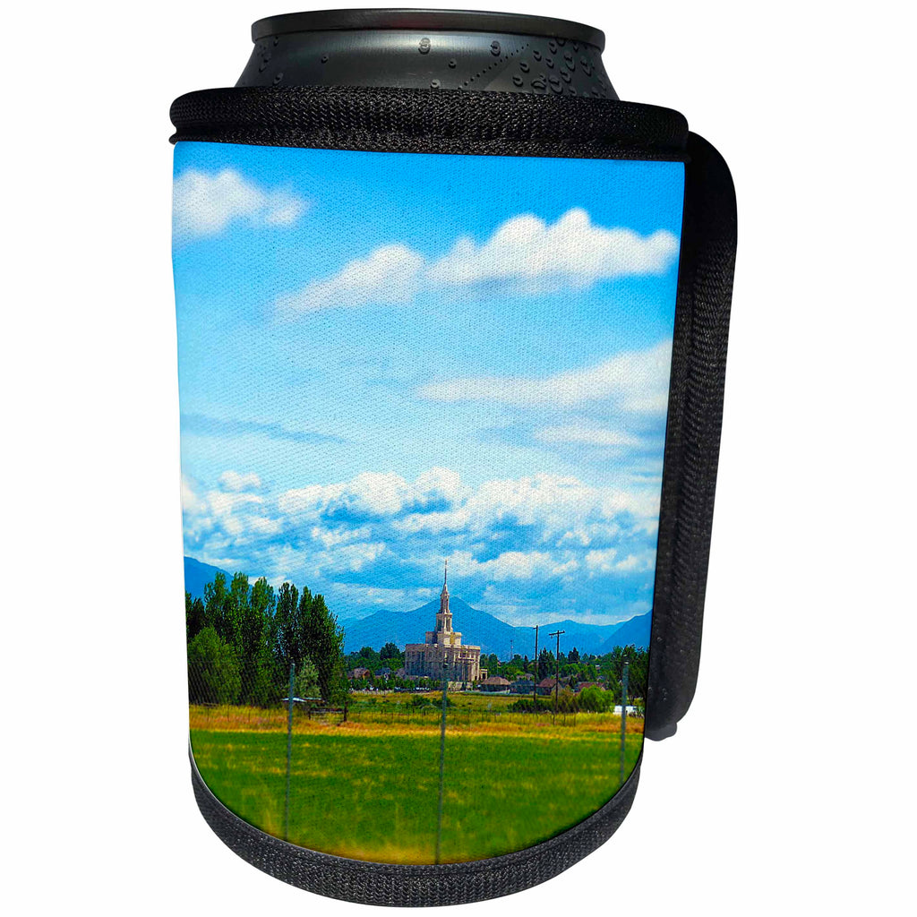 3dRose Jos Fauxtographee- LDS Temple in Utah - A beautiful Temple for the LDS People on a road near Santaquin UT - Can Cooler Bottle Wrap (cc_263389)