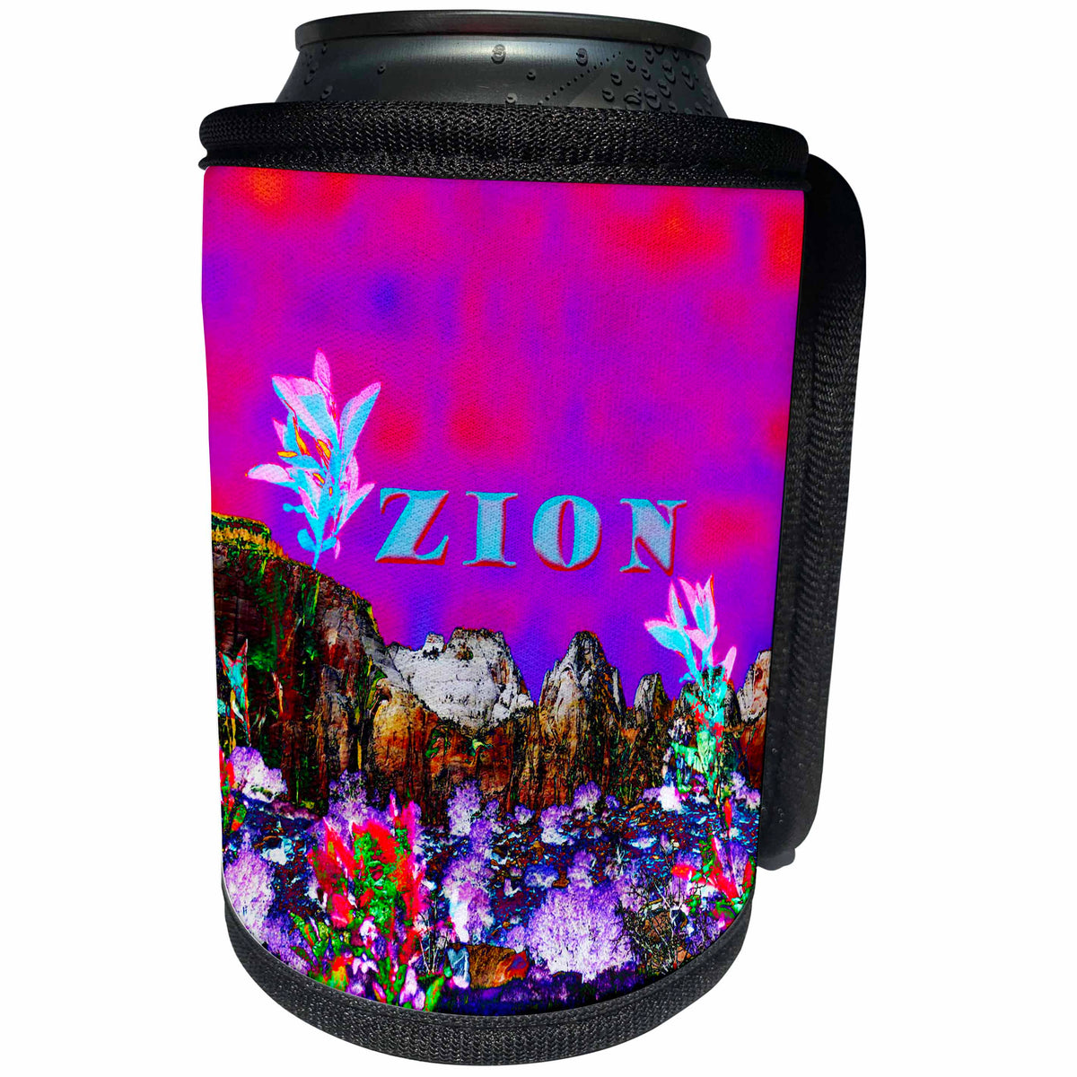 3dRose Jos Fauxtographee- Blended Layers Zion - Zion Mountains blended in layers in pink and purple with flowers - Can Cooler Bottle Wrap (cc_263396)