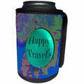 3dRose Jos Fauxtographee- Happy Travels Map - Happy Travel written in a balloon on a map in mint and blue - Can Cooler Bottle Wrap (cc_263399)