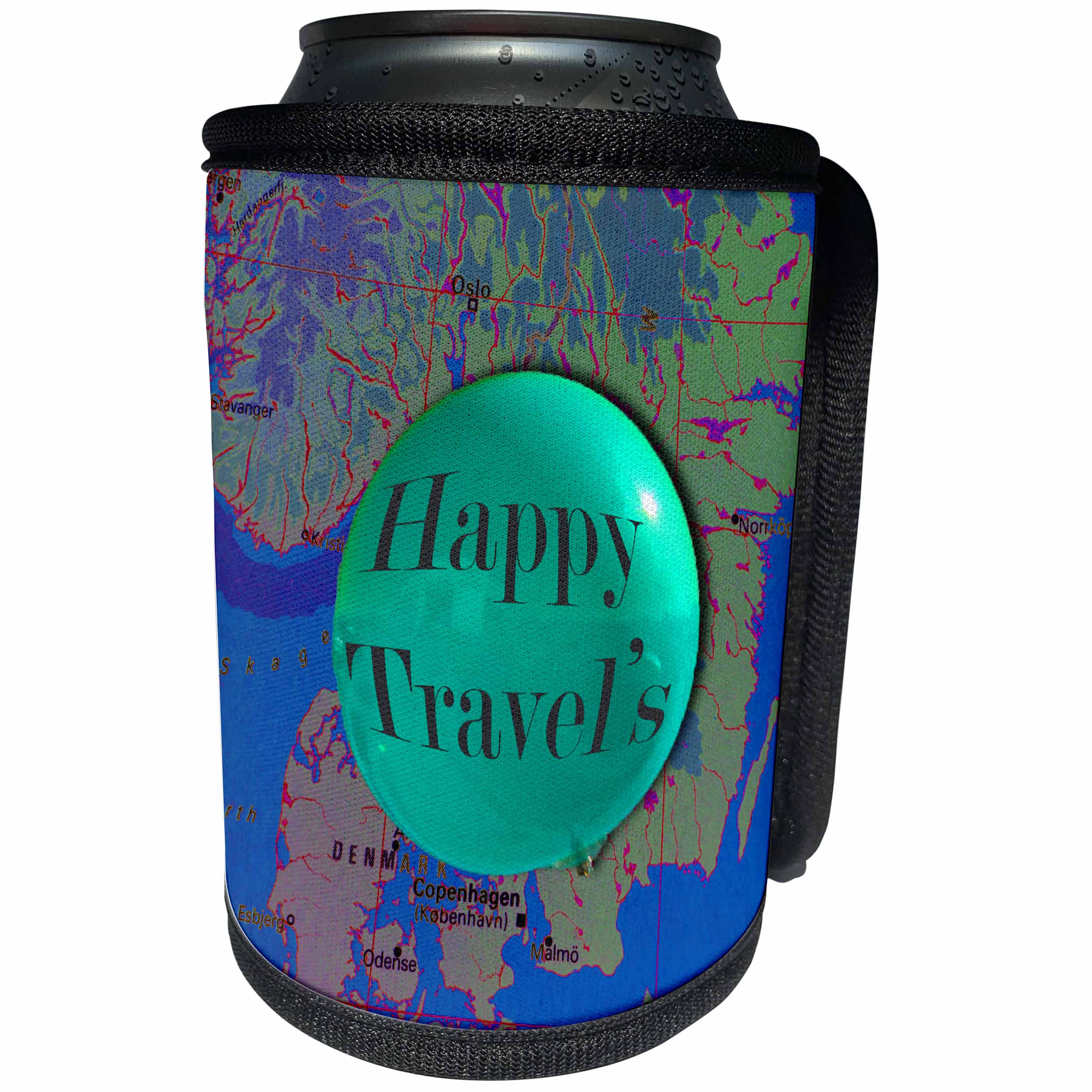 3dRose Jos Fauxtographee- Happy Travels Map - Happy Travel written in a balloon on a map in mint and blue - Can Cooler Bottle Wrap (cc_263399)