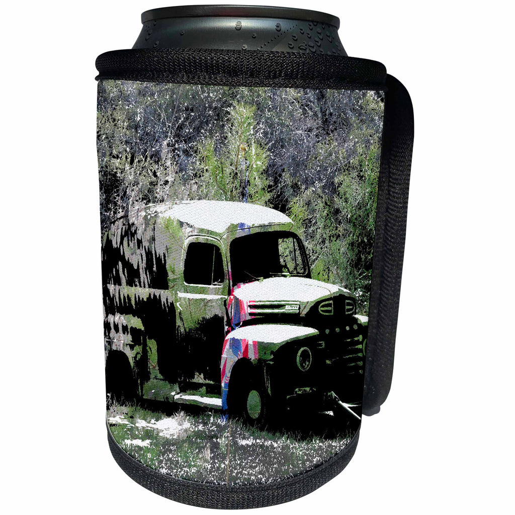 3dRose Jos Fauxtographee- Blended Layers Old Car and Flag - A blend of pictures with an American flag and old rustic car - Can Cooler Bottle Wrap (cc_263403)