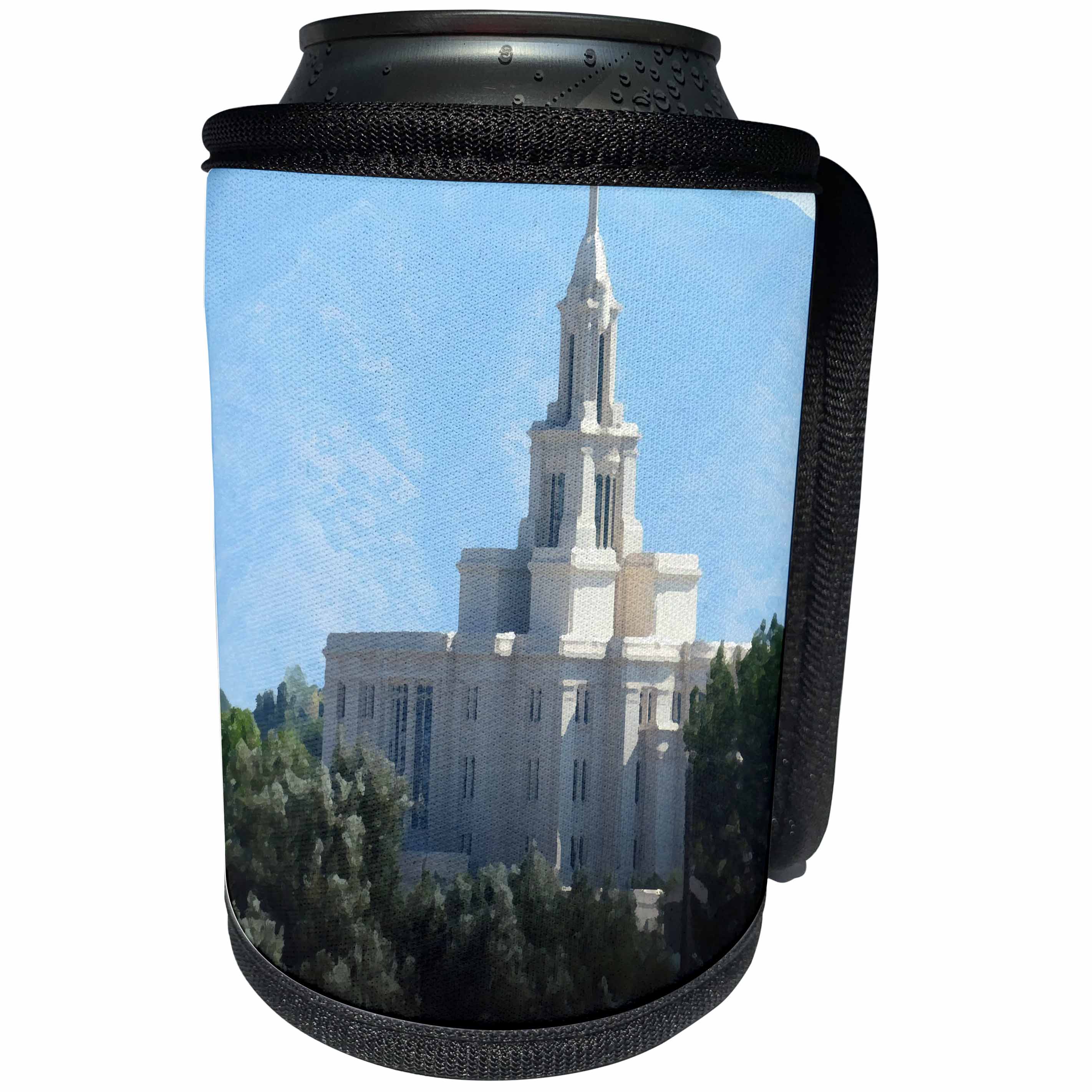 3dRose Jos Fauxtographee- LDS Temple Utah County - A watercolor of an LDS Temple with green trees in Utah County - Can Cooler Bottle Wrap (cc_263411)