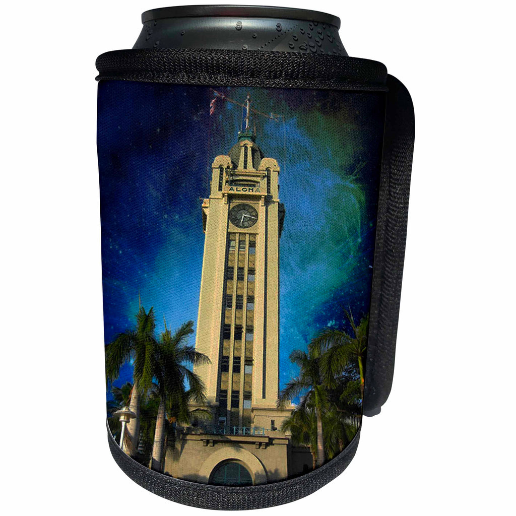 3dRose Sandy Mertens Hawaii Travel Designs - Aloha Tower at Night in Honolulu - Can Cooler Bottle Wrap (cc_26342)
