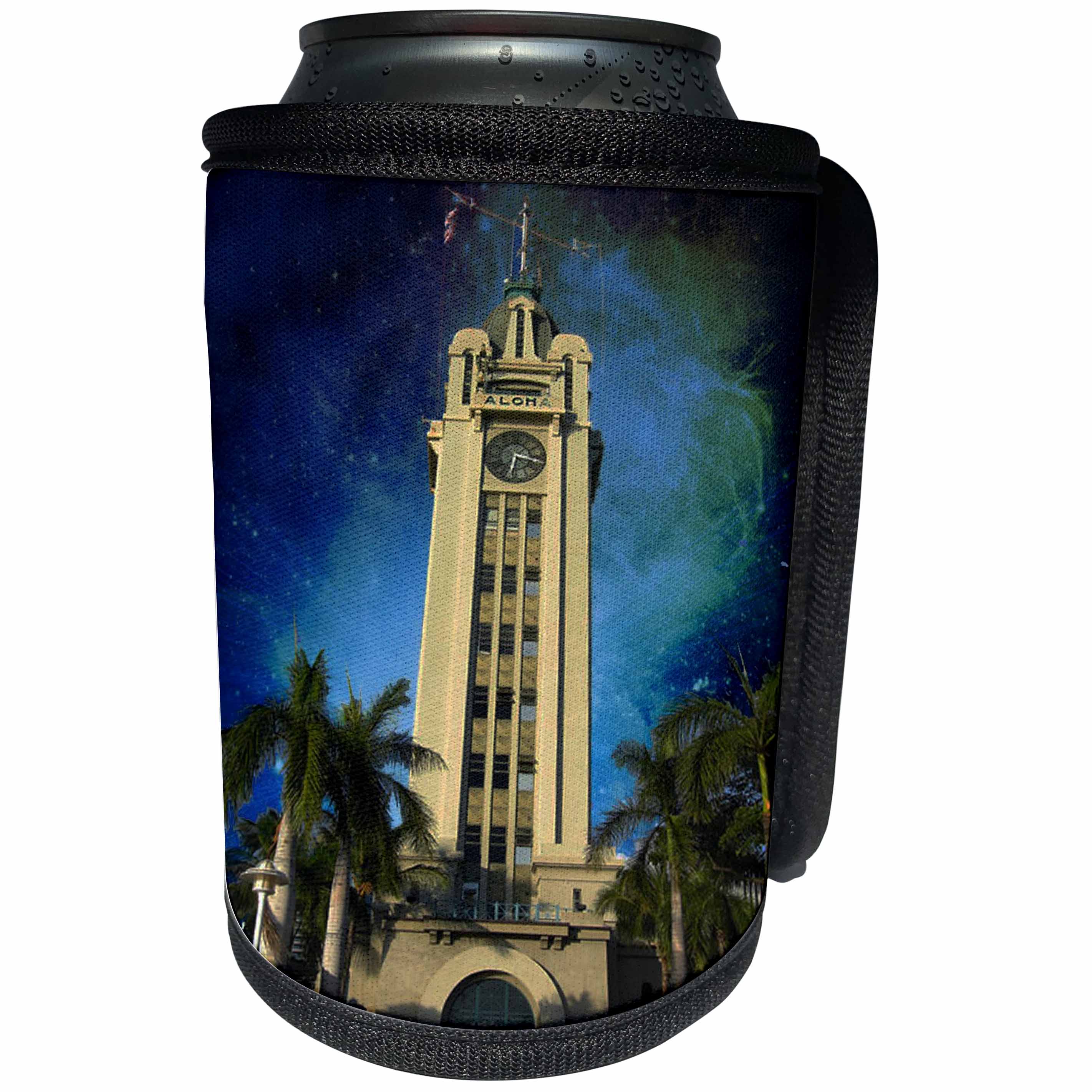 3dRose Sandy Mertens Hawaii Travel Designs - Aloha Tower at Night in Honolulu - Can Cooler Bottle Wrap (cc_26342)