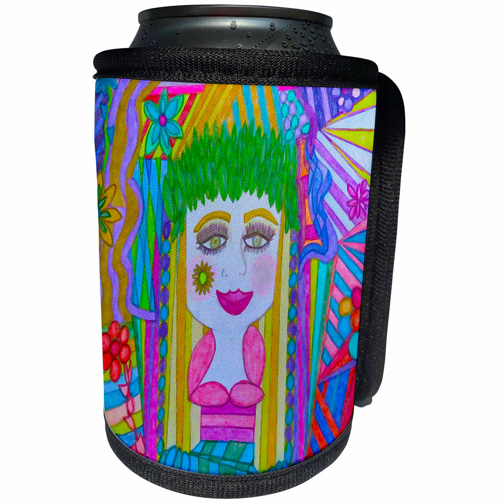 3dRose Jos Fauxtographee- Drawing of a Girl - A sketch of a woman with blonde hair on a colorful design - Can Cooler Bottle Wrap (cc_263433)