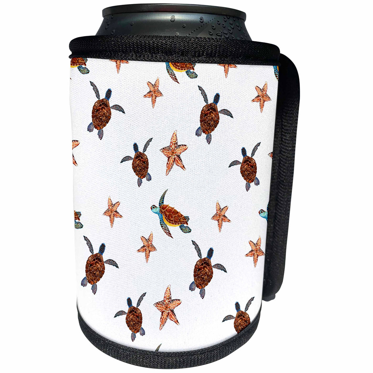 3dRose Anne Marie Baugh - Patterns - Cute Sea Turtles and Star Fish Pattern - Can Cooler Bottle Wrap (cc_263483)