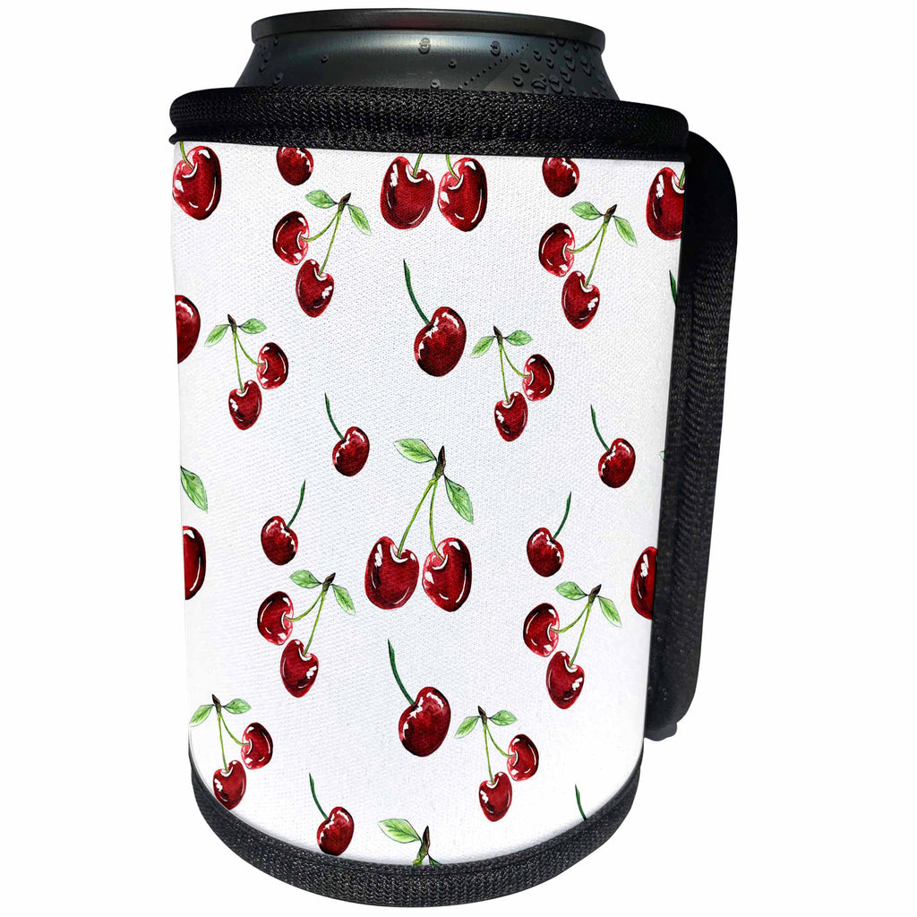 3dRose Anne Marie Baugh - Patterns - Cute Red Cherries Pattern - Can Cooler Bottle Wrap (cc_263490)