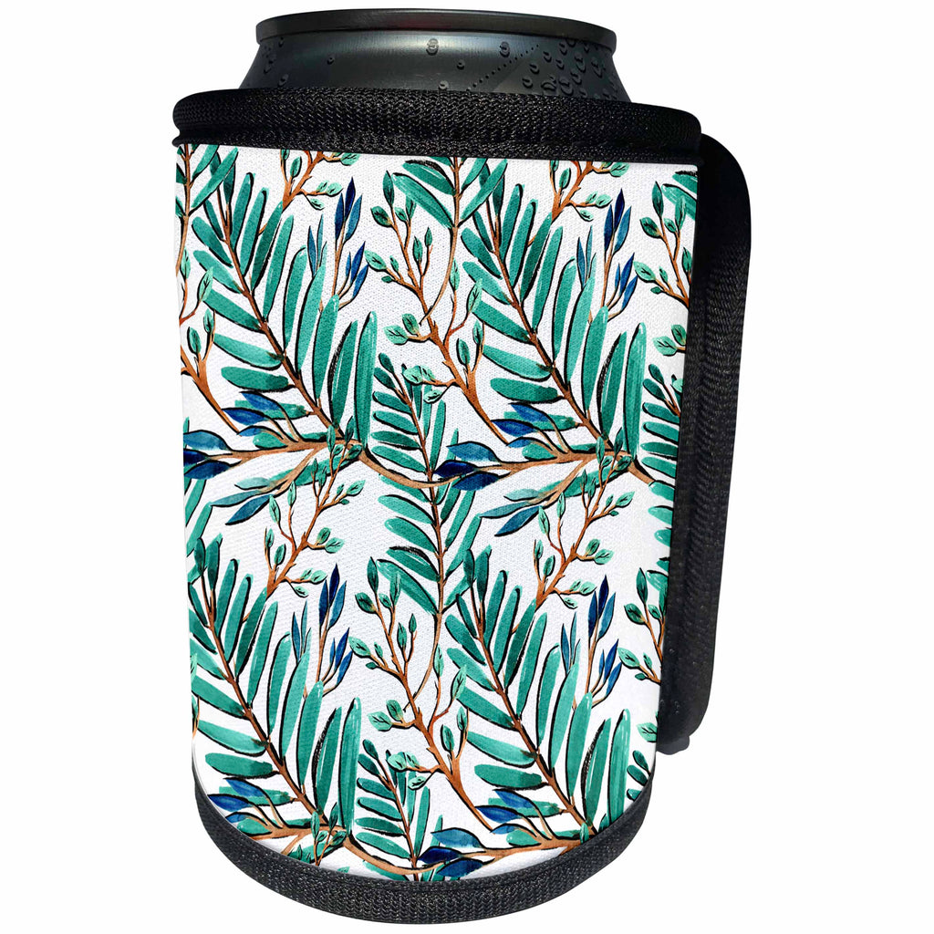 3dRose Anne Marie Baugh - Patterns - Blue Green Tropical Leaves Pattern - Can Cooler Bottle Wrap (cc_263492)