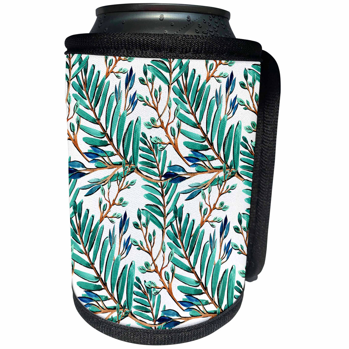 3dRose Anne Marie Baugh - Patterns - Blue Green Tropical Leaves Pattern - Can Cooler Bottle Wrap (cc_263492)