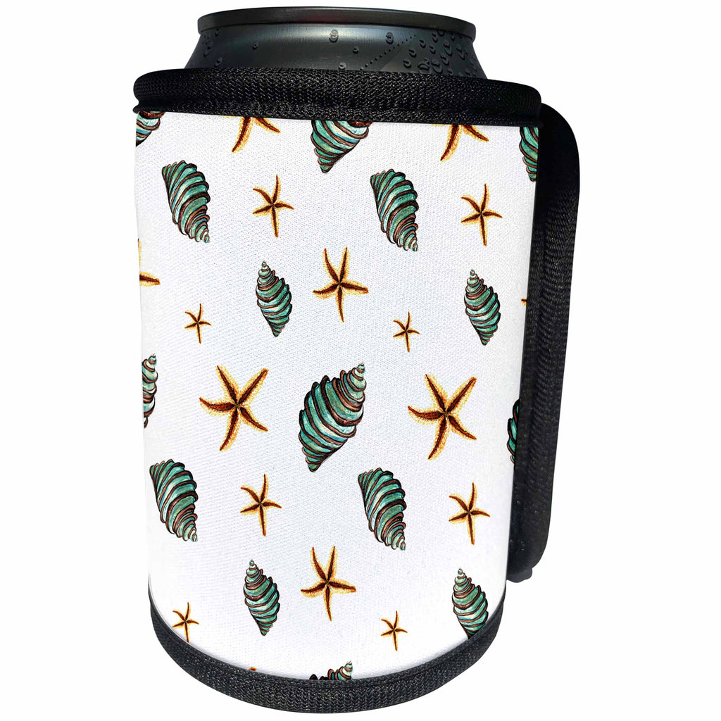 3dRose Anne Marie Baugh - Patterns - Blue Sea Shells and Star Fish Pattern - Can Cooler Bottle Wrap (cc_263494)