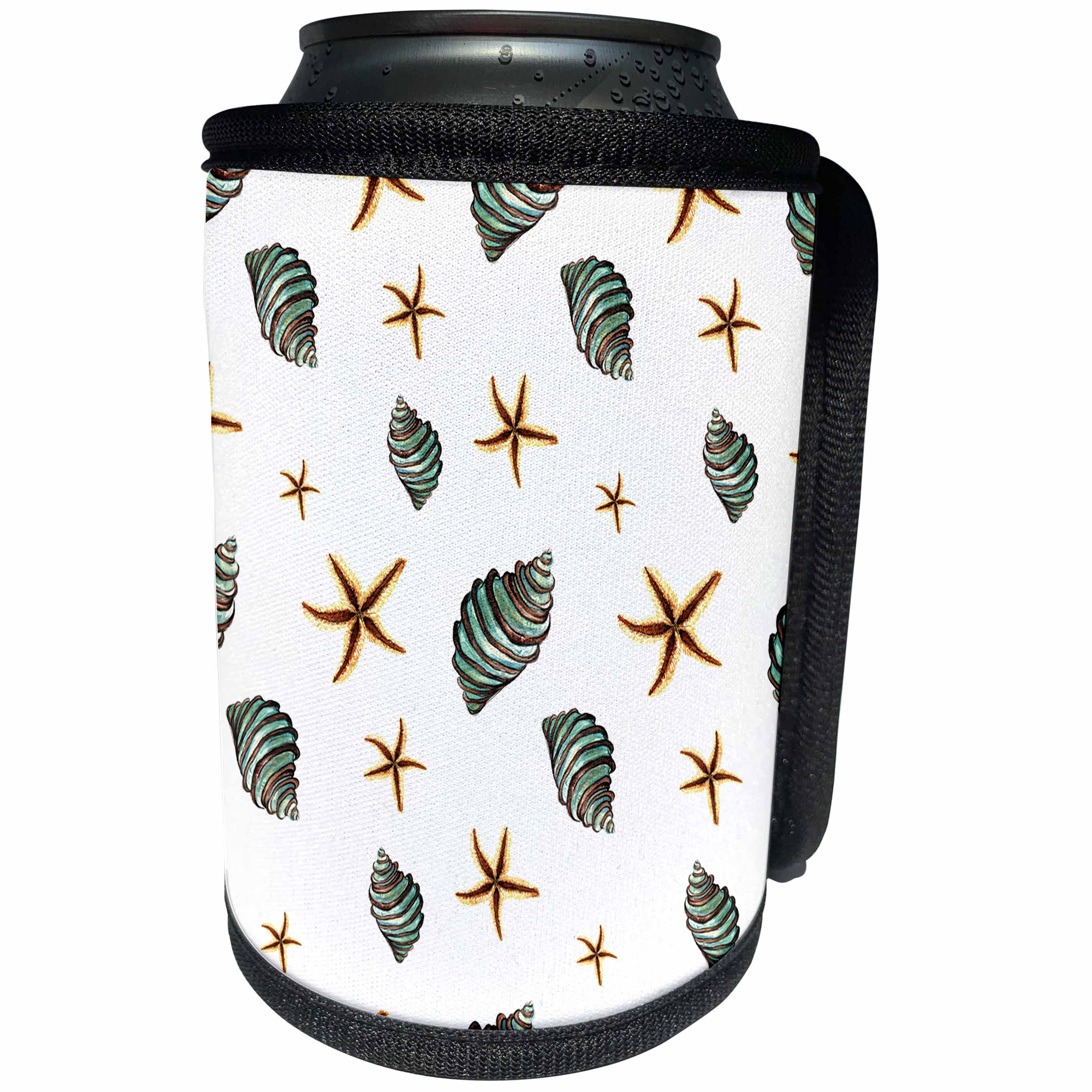 3dRose Anne Marie Baugh - Patterns - Blue Sea Shells and Star Fish Pattern - Can Cooler Bottle Wrap (cc_263494)