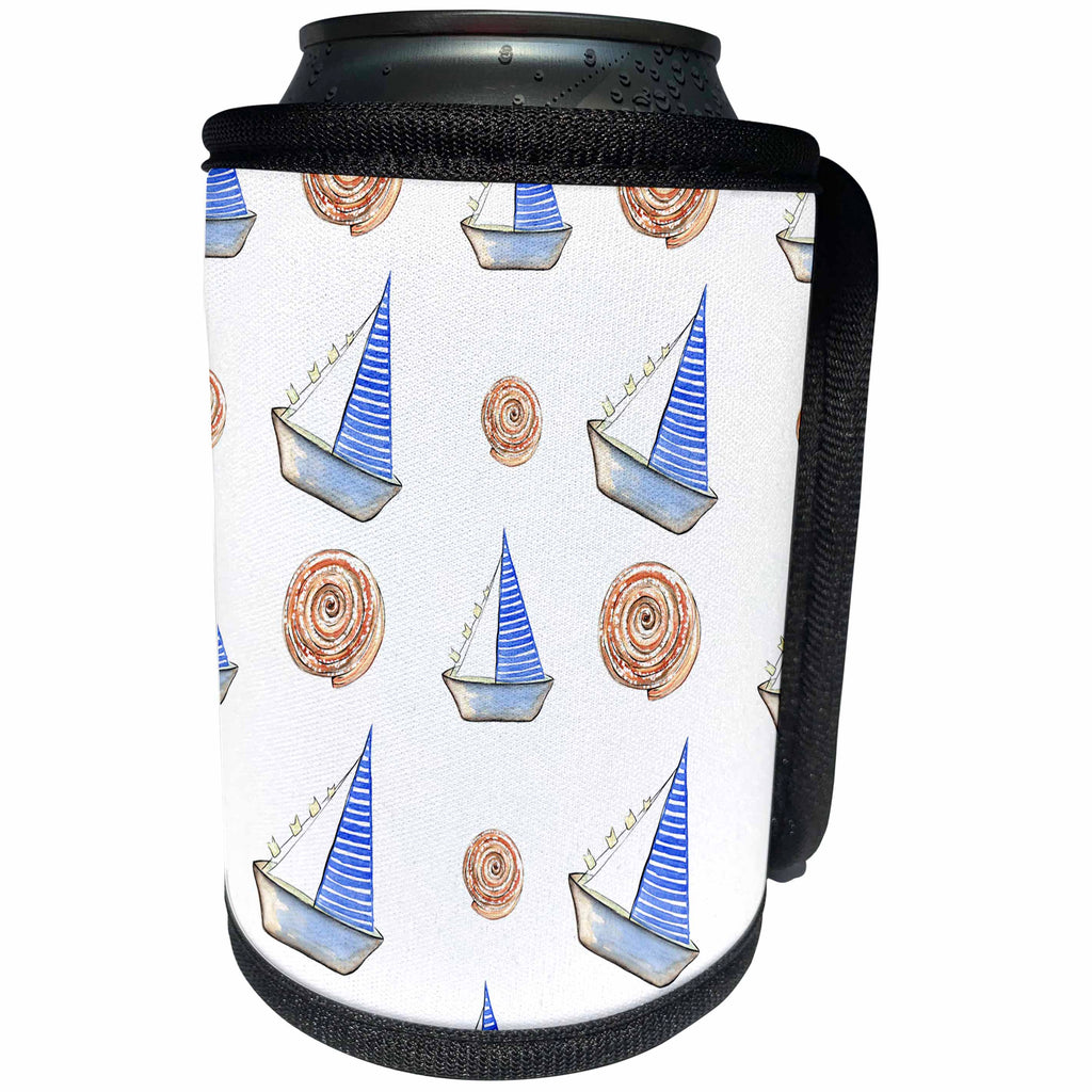 3dRose Anne Marie Baugh - Patterns - Cute Sail Boats and Sea Shells Pattern - Can Cooler Bottle Wrap (cc_263495)