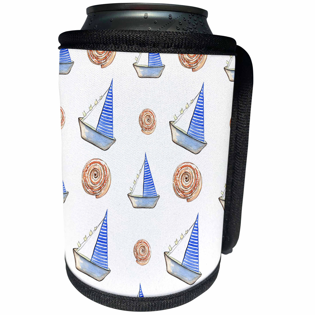 3dRose Anne Marie Baugh - Patterns - Cute Sail Boats and Sea Shells Pattern - Can Cooler Bottle Wrap (cc_263495)