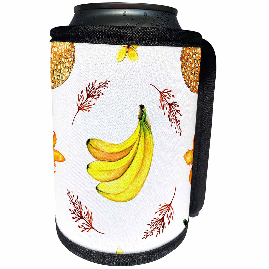 3dRose Anne Marie Baugh - Patterns - Tropical Fruit, Bananas, and Flowers Pattern - Can Cooler Bottle Wrap (cc_263498)